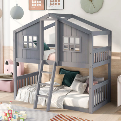 Lit superposé simple au dessus d'un lit simple avec échelle, lit en bois