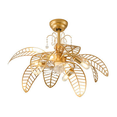 24.8" Gold Leaf & Crystal Ceiling Fan With Light, Glam Tropical Flush Mount Fan Light, Reversible Blades & Remote Control For Bedroom Living Room