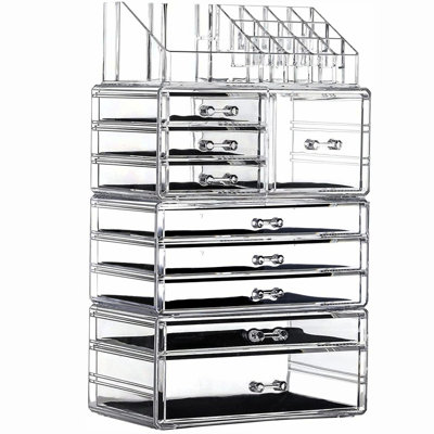 Ultimate Clear Cosmetic Organizer: 9-Drawer Stackable Makeup Storage Box for Vanity - Set of 4