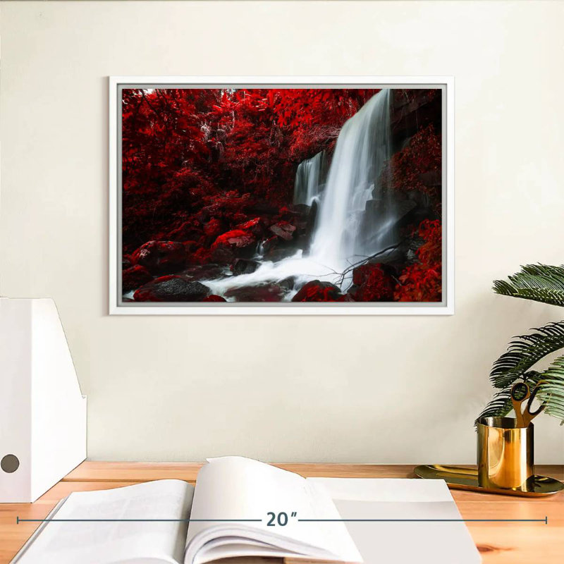 Chute d'eau rouge d'automne, Cadre flottant blanc, 13 po x 9 po