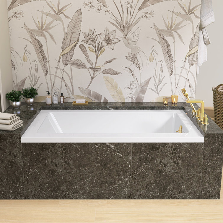 54" W X 32'' D Alcove Rectangular Bathtub Drop-In Soaking Tub 3-Wall Acrylic White Bathroom Tub With Integrated Overflow
