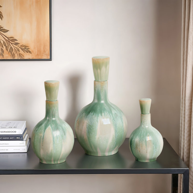 Ensemble de 3 vases décoratifs en céramique et grès, Vert / Beige