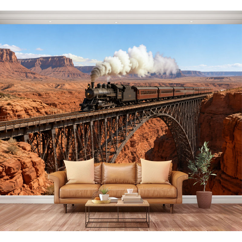 Papier peint adhésif mural rétro en acier avec pont en acier rouge Canyon Canyon, L 100 po x l 144 po
