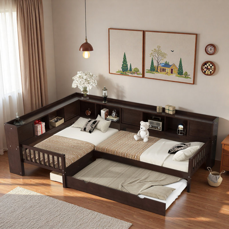 Lit plateforme en L avec lit gigogne, tiroirs de rangement et tablettes, Espresso