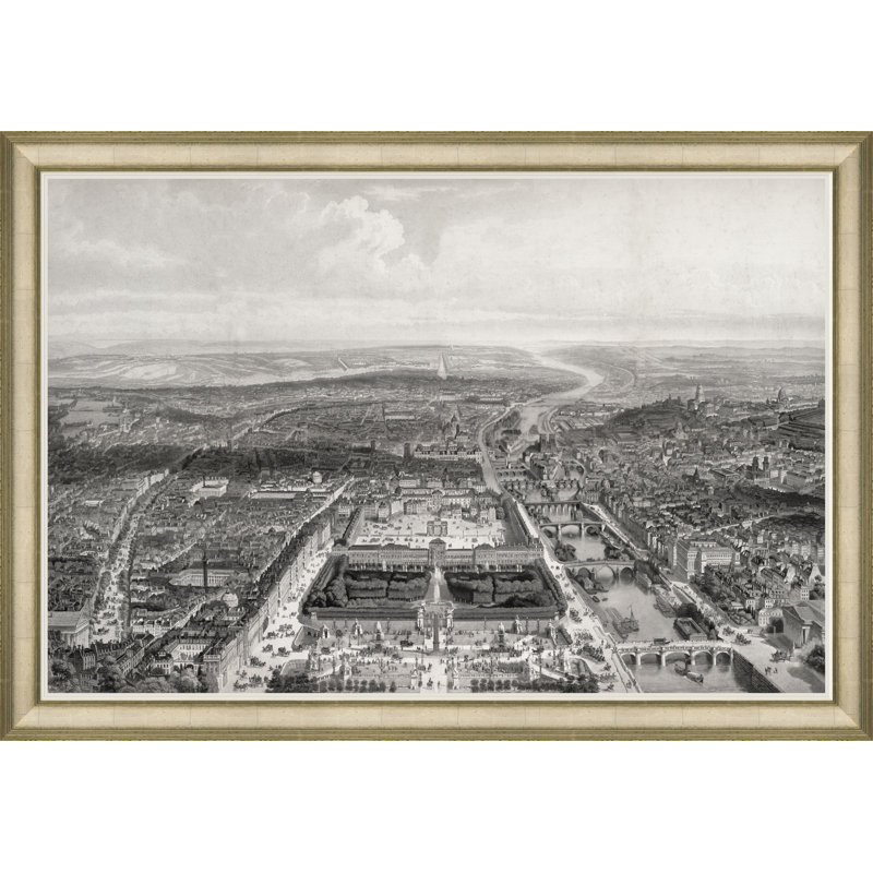Vue d'oiseau de Paris, circa - photographie, Papier avec cadre doré, H 46,25 po x l 66,25 po x P 1,25 po