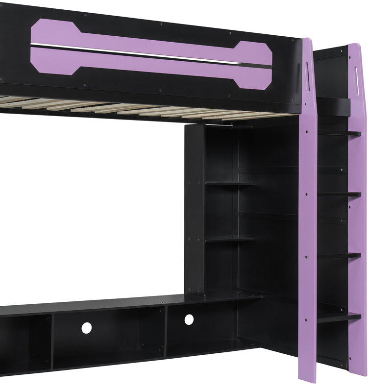 Modern Two-tone Loft Bed With Computer Desk, Rgb Lights, Entertainment Center And Storage Shelves, Twin, Black/Purple