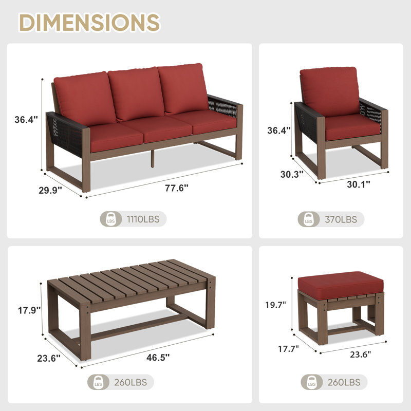 Ensemble de conversation de patio en osier avec coussins en oléfine, table basse rectangulaire, repose-pieds 6 pièces, Rouge
