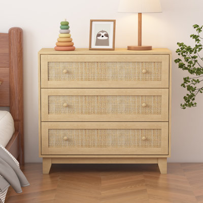Ashari Rattan 3 Drawer Dresser, Chest of Dressers,Boho Wood Modern Dresser Drawer Chest with Wood Handles