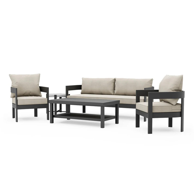 Ensemble de canapé et de chaises d'extérieur 5 pièces avec table basse Lea, brun clair, noir Lea