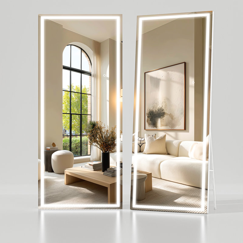 Modern & Contemporary Lighted Full Length Mirror with Temepered Glass & 3 Years Warranty, White, 70" x 24"