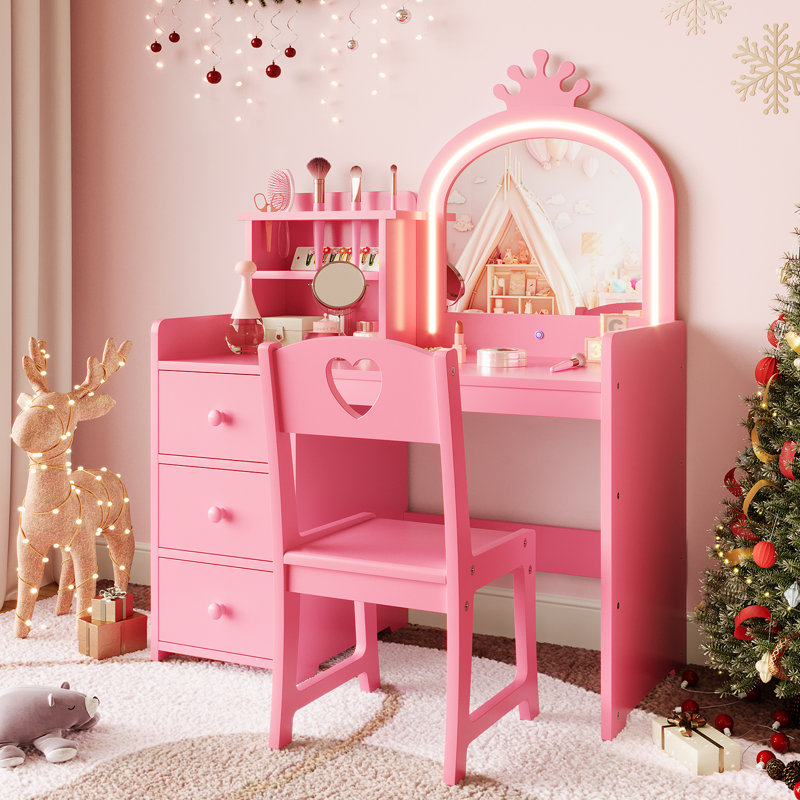 2-in-1 Kids Vanity Table with Lights - Wooden Princess Makeup Desk & Stool Set with 3-Color LED Mirror - Convertible Toddler Dressing Table to Writing Desk, 3 Drawers, Birthday Gift