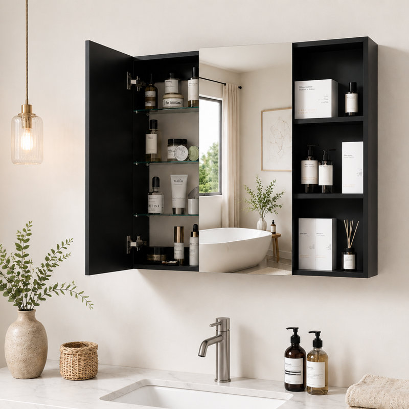 Pharmacie à fixation en surface à deux portes avec 3 tablettes réglables en verre trempé et rangement ouvert, l 32,8 po x H 29 po, noir
