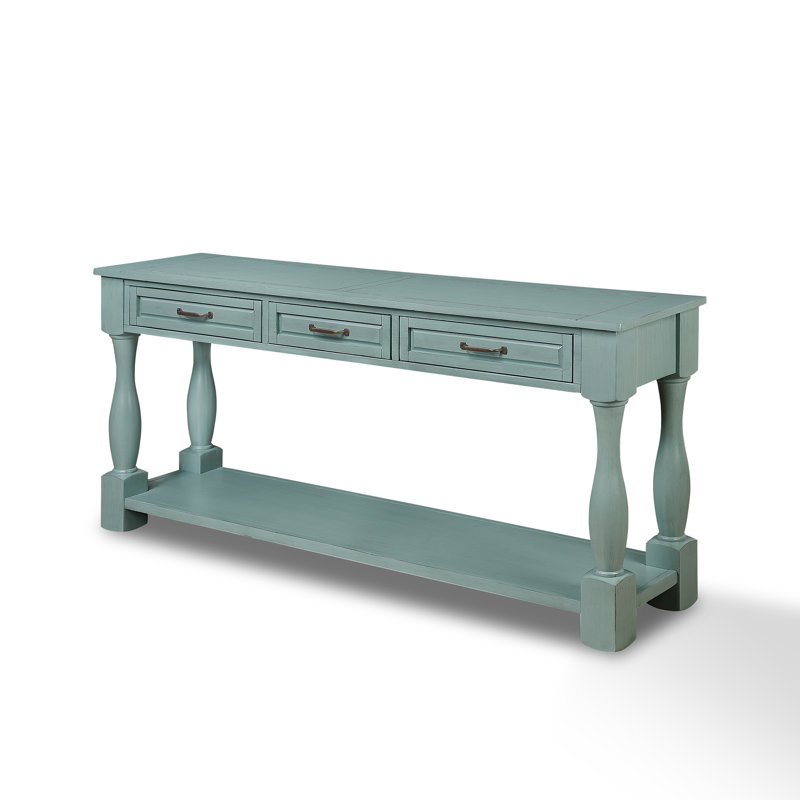 Retro Green Solid Wood Console Table with Storage Drawers and Shelf
