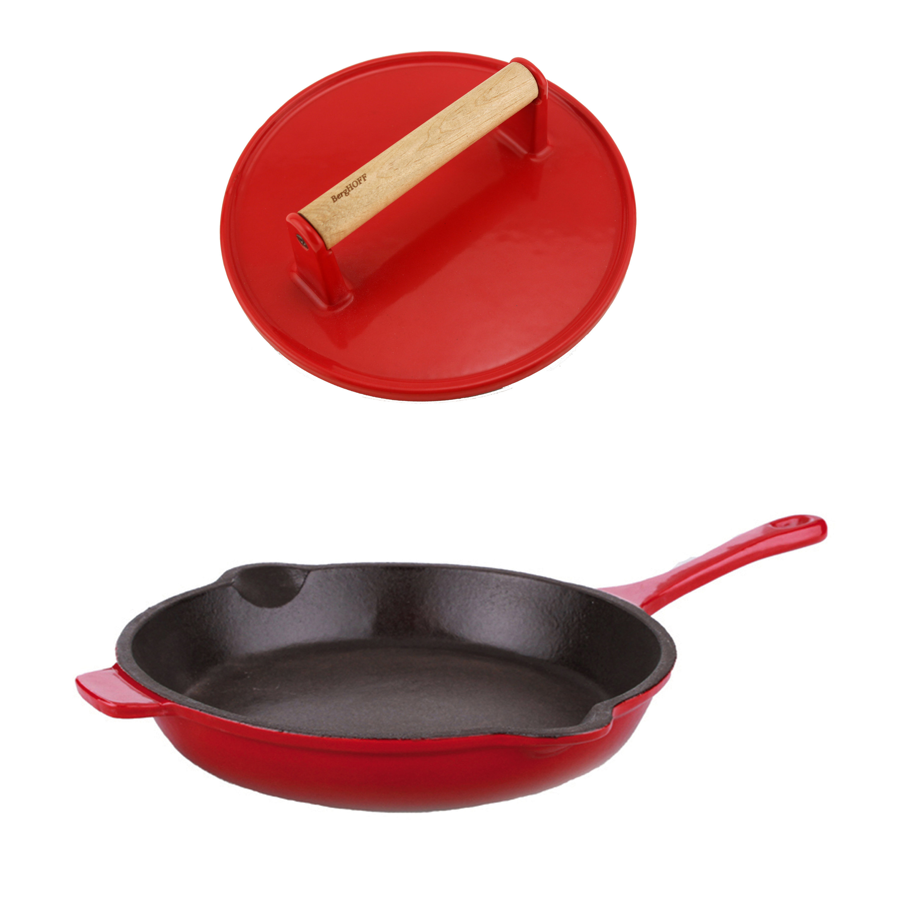 Megachef Enamel Cast Iron Pan with Matching Grill Press, 11 Inch, Red