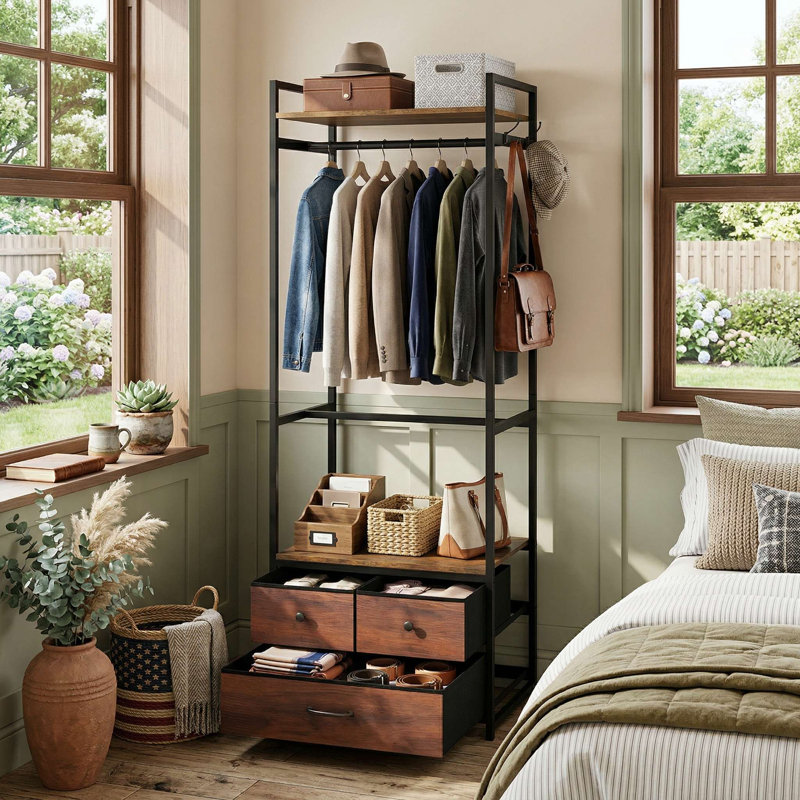 Freestanding Clothes Rack, Reinforced Metal Frame, Multi-Functional Storage Shelves & Smooth Pull-Out Drawers, Extra Side Hanging Hooks, Suitable For Bedroom, Closet
