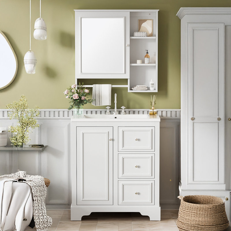 Meuble-lavabo avec lavabo, 3 tiroirs, tablettes réglables, Blanc