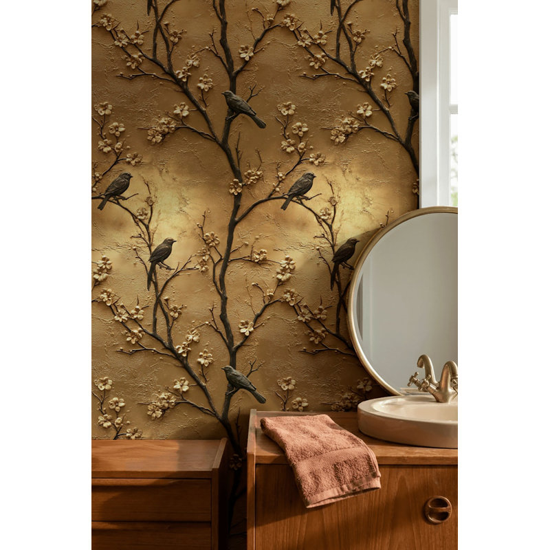 Papier peint floral avec oiseaux or