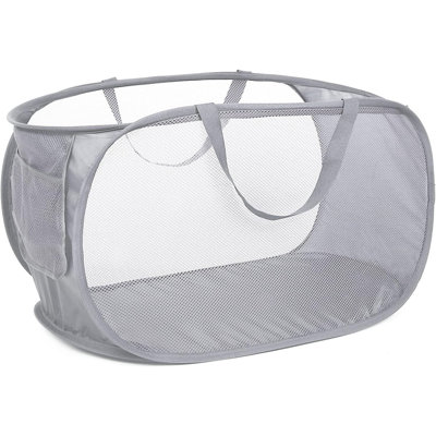 Collapsible Mesh Pop-Up Laundry Hamper – Durable Foldable Clothes Storage Basket with Side Pocket, Reinforced Carry Handles, Lightweight Laundry Basket for Bathroom, Bedroom, Kids Room, Dorm, Travel, Grey
