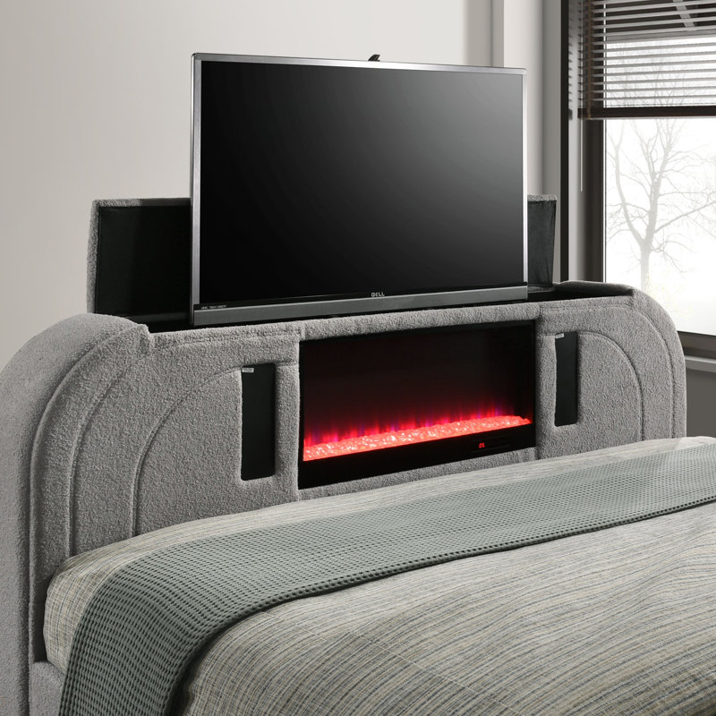 Lit en sherpa Teddy et chrome EK avec conduit, meuble télé, foyer et Bluetooth, Très grand lit