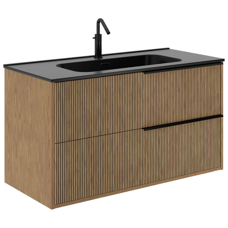 Kora Art 40" Fluted Wall-Mounted Single Bathroom Vanity with Integrated Ceramic Top & Handles, Black, 40"