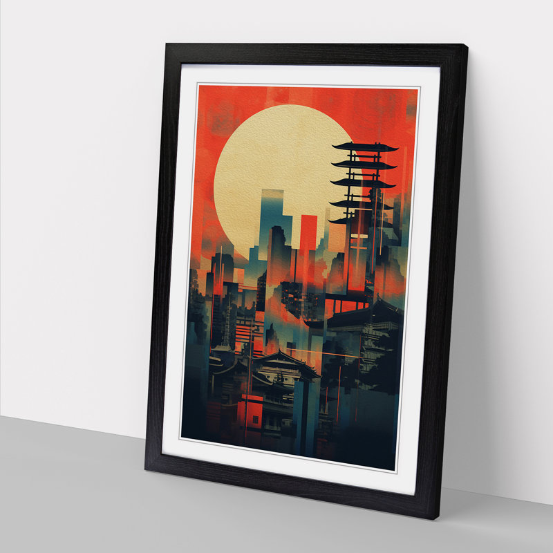 Japanese Sunset Constructivism - Framed Print, 64cm H x 46cm W x 2cm D, Black