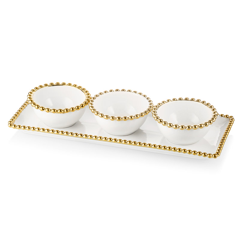 Plat en porcelaine blanc avec 3 bols ronds et motif de perles dorées