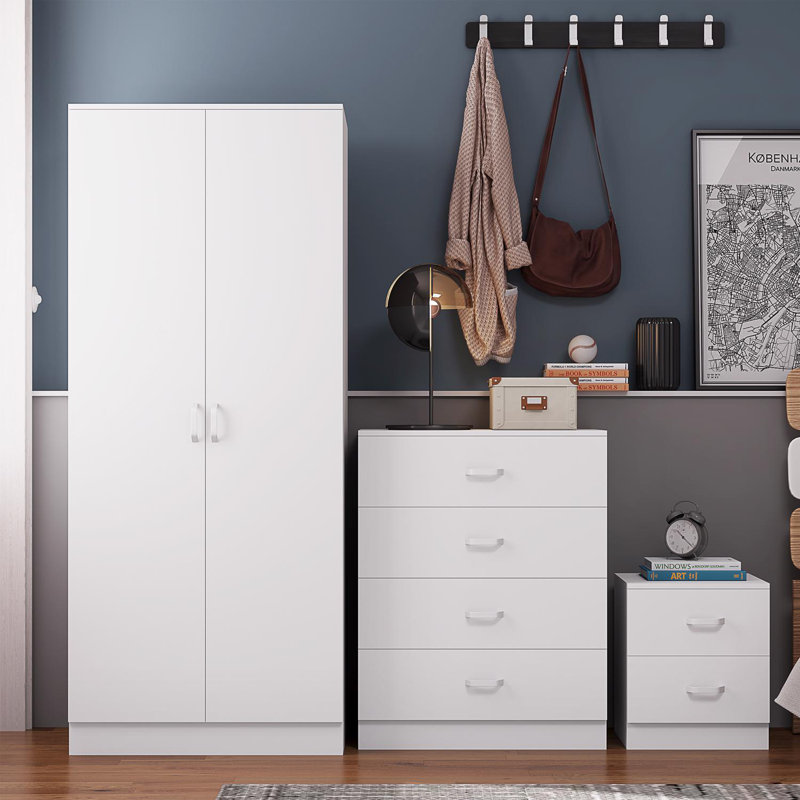 Lycinda 3 Piece Bedroom Furniture Set. 2 Door Wardrobe. 4 Drawer Chest Of Drawers. 2 Drawer Bedside Table. Matt Finish, Scratch Resistant, Brushed Chrome Metal Handles