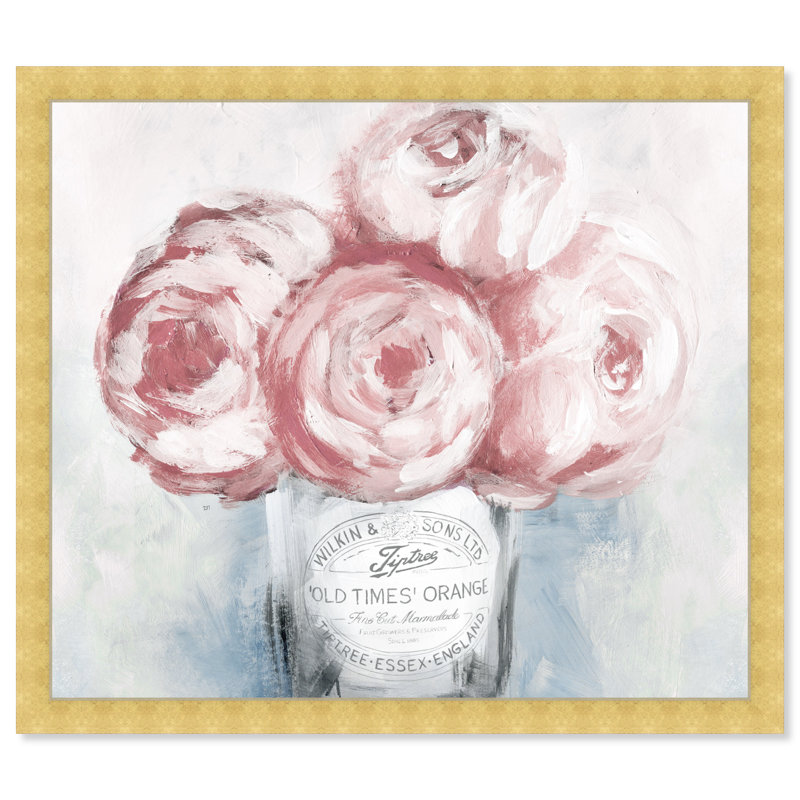 Bouquet de pivoines roses peintes au pastel - peinture sur cadre flottante, Encadrement doré, H 26 po x l 32 po