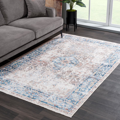 Tapis traditionnel lavable antidérapant - beige / bleu océan pour vestibule, couloir, salle de bain et cuisine