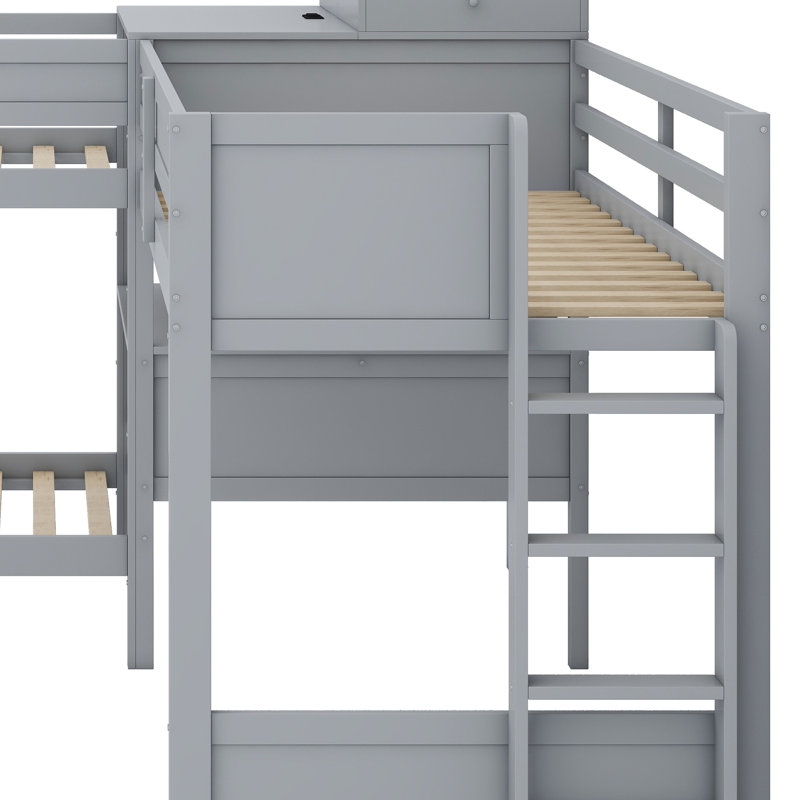 Lit superposé en L avec bureau d'étude intégré, tiroirs de rangement et station de charge, Gris