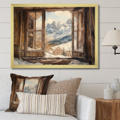«Robet Cottage Window View Of Snowy Mountains», reproduction sur toile