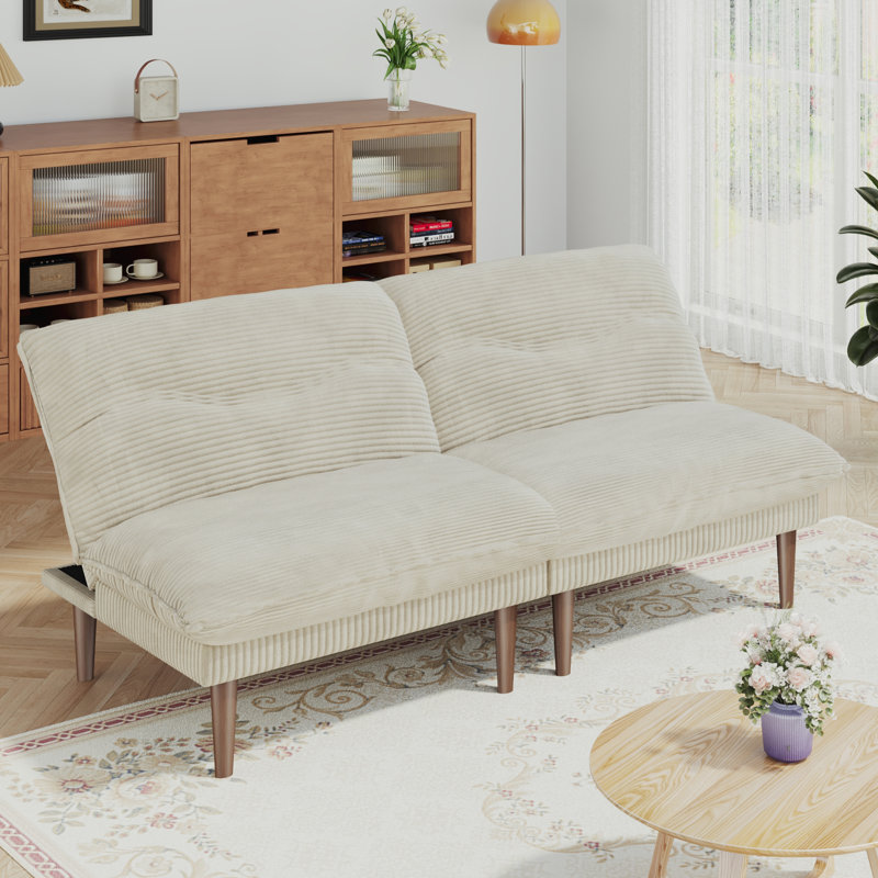 Deyra 75'' Corduroy Sofa Futon Couch with 4 in 1 Multi-Functional Adjustable Backrest Loveseat for Living Room, Beige 