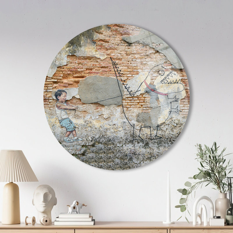 «Little Boy And His Pet Dinosaur Graffiti Art», impression murale sur verre trempé idéale pour ajouter une touche unique à votre chambre