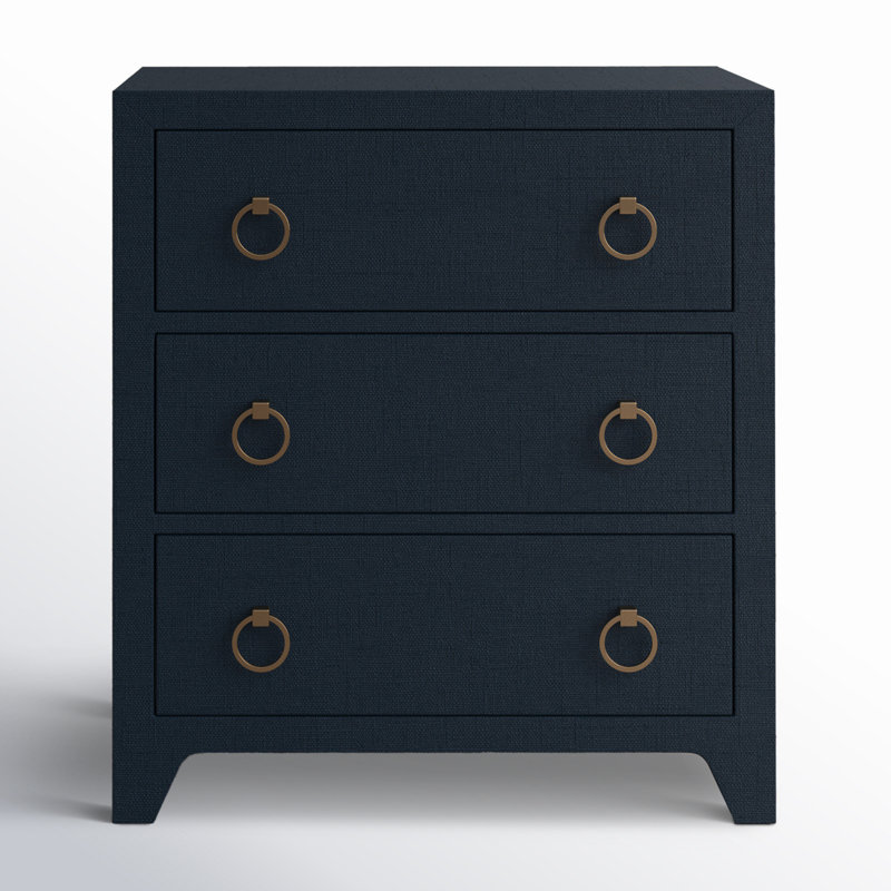 Bar Harbor Raffia 3 Drawer Nightstand, Navy Blue