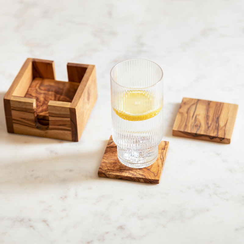 Bester Agate Ceramic Jute Leather Crystal Square Round 4 Piece Coaster Set with Holder Set