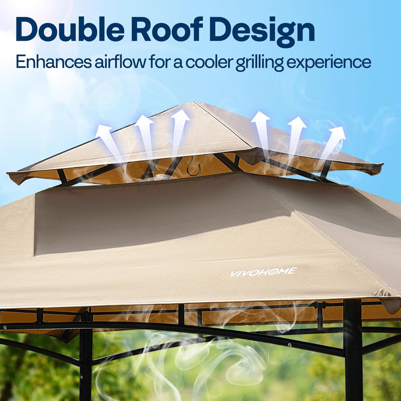 8 FT. W X 5 FT. D Steel Frame Double Roof BBQ Gazebo Canopy, Taupe