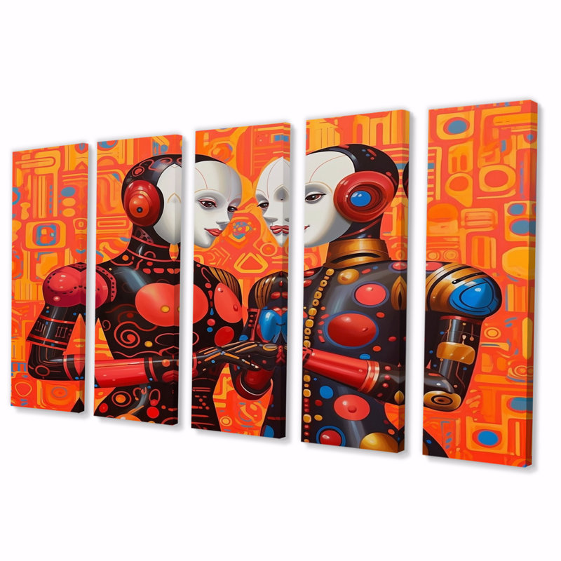 Charming Robots Celebrating Love Retro III - Robot Wall Decor - 5 Equal Panels