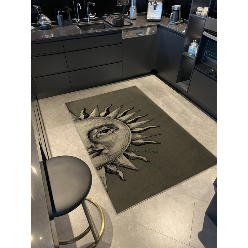 Gray-Themed Sun with Face Inside Patterned Creative Modern Decorative Rug, Rectangle 4'11" x 9'10"