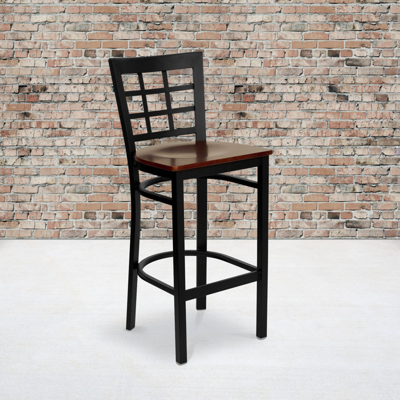 Prompton Window Back Metal Restaurant Barstool, Mahogany, 1