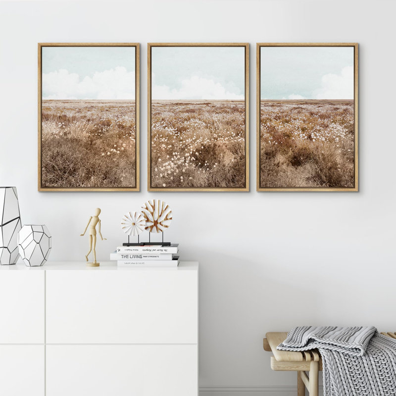 "Wildflower Field Rustic Illustration Modern Art Decor Living Room Office" 3 pièces, H 24 po x l 16 po, Naturel