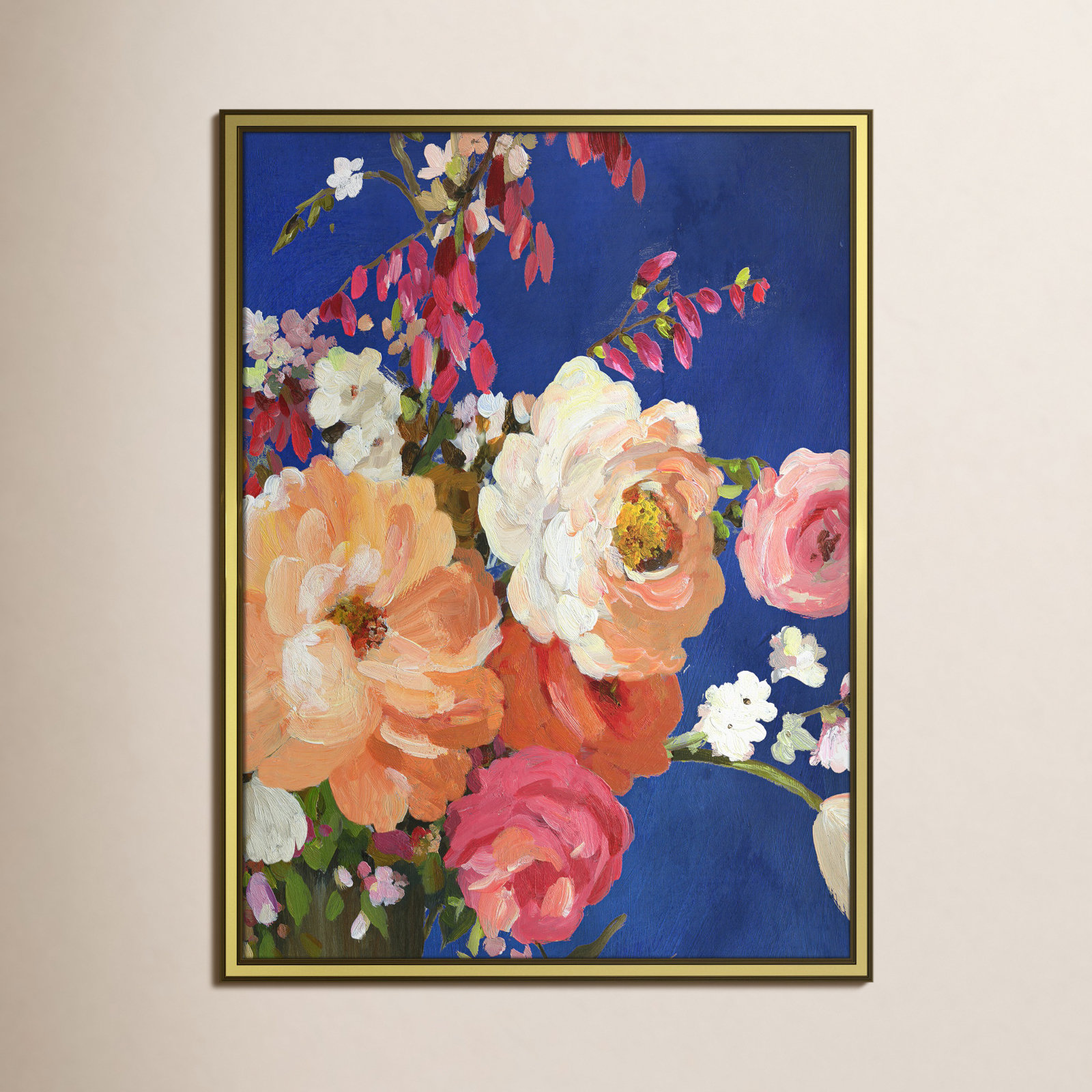 Midnight Garden Flowers I - Picture Frame Painting, Gold Framed, 24.25" H x 18.25" W x 0.75" D