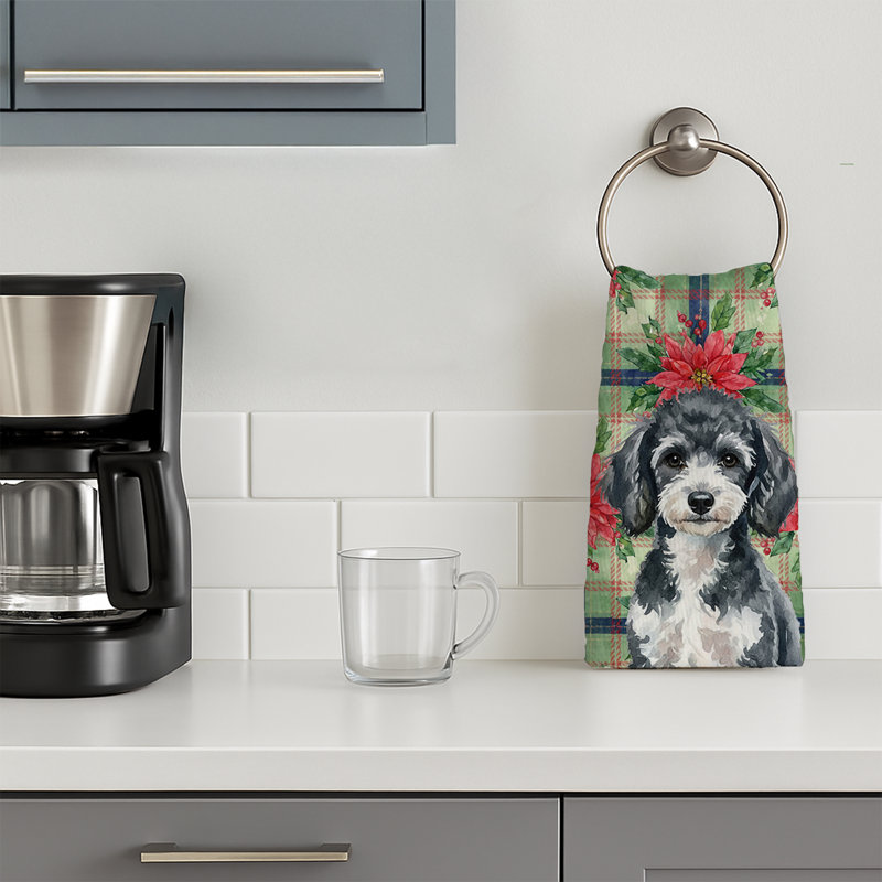 Miniature Parti Poodle Christmas PoinsettIas Kitchen Towel, Miniature Parti Poodle