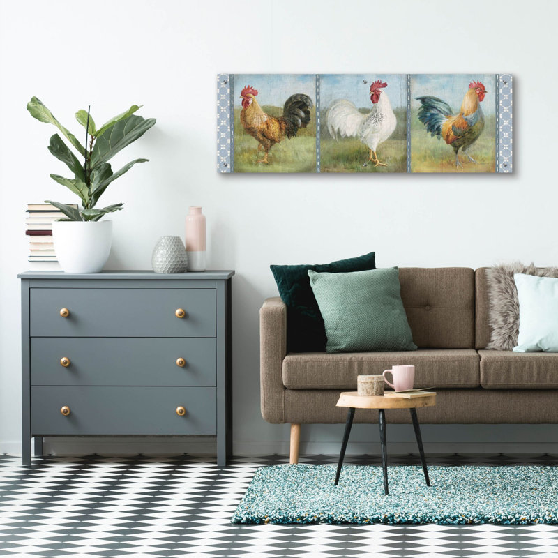 «Noble Roosters 5» par Danhui Nai, art mural en verre acrylique, H 16 po x l 48 po