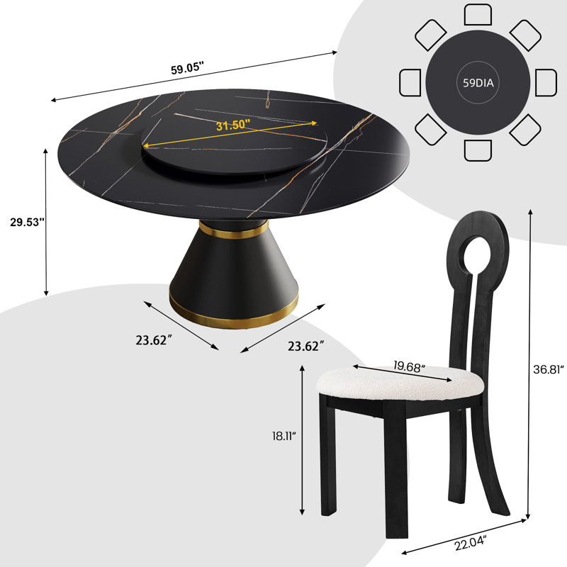 8 Seat Modern Round Sintered Stone Dining Table With Rotating Tray,modern Key-shaped Dining Chairs, Black