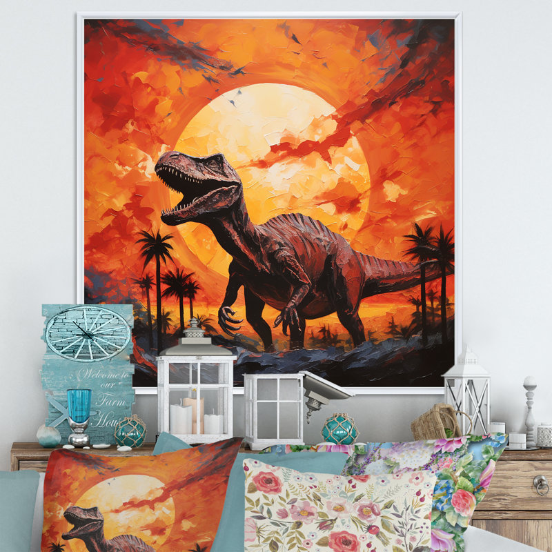Coucher de soleil de dinosaure rouge et jaune I - art de mur de dinosaure, Cadre flottant blanc, H 36 po x l 36 po x P 1,5 po