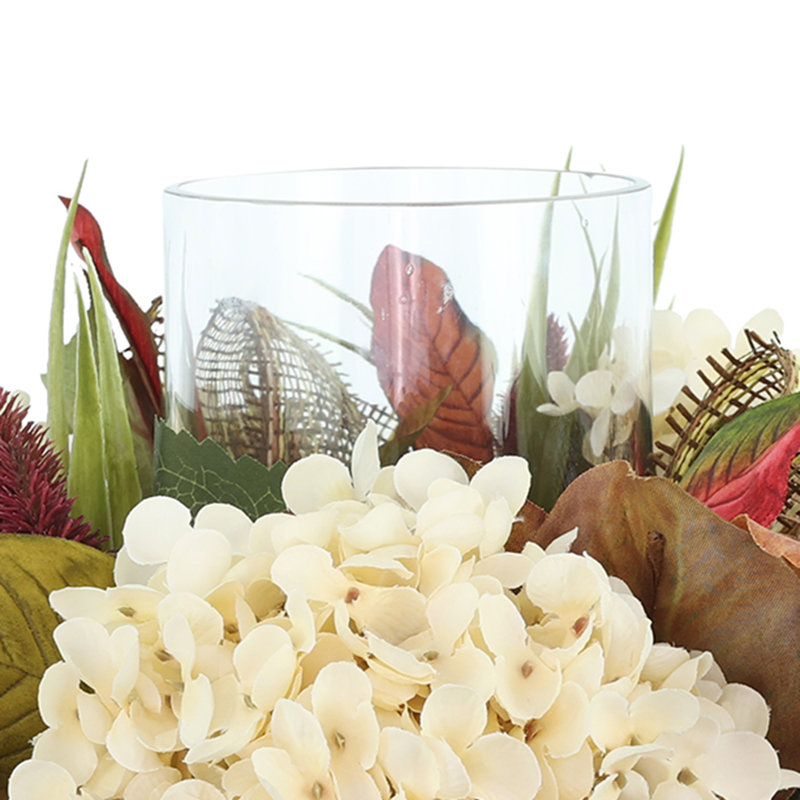 Fall Candleholder Centerpiece with Hydrangeas and Thistle