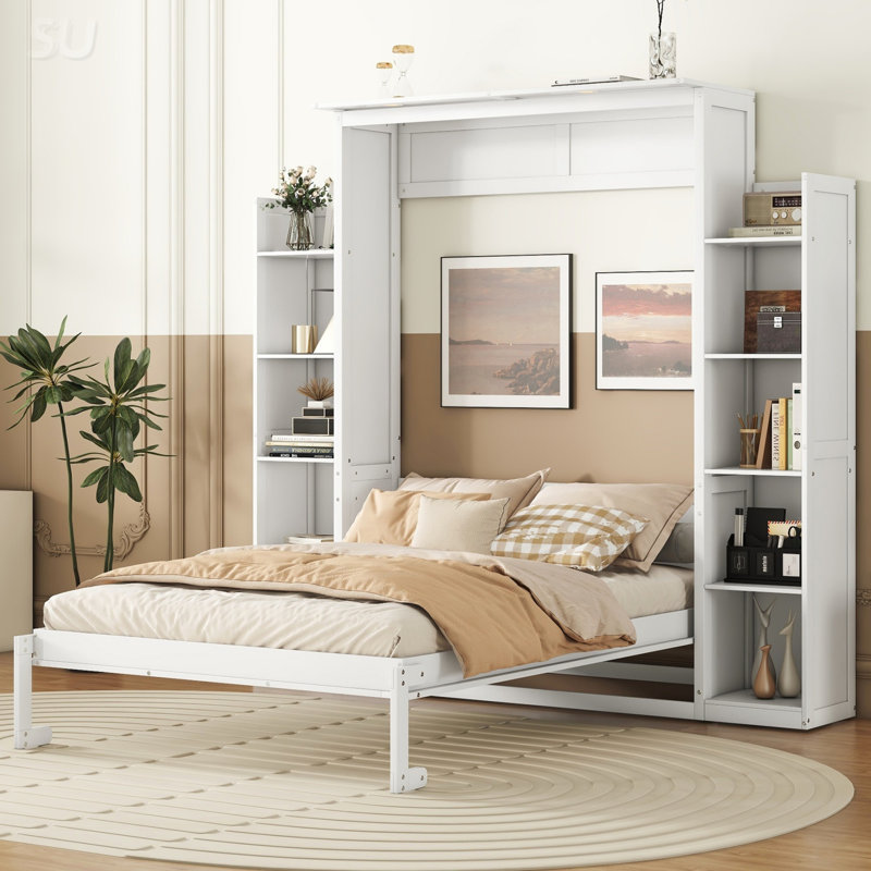 Lit escamotable double pleine grandeur avec tablettes, Lit double, Blanc