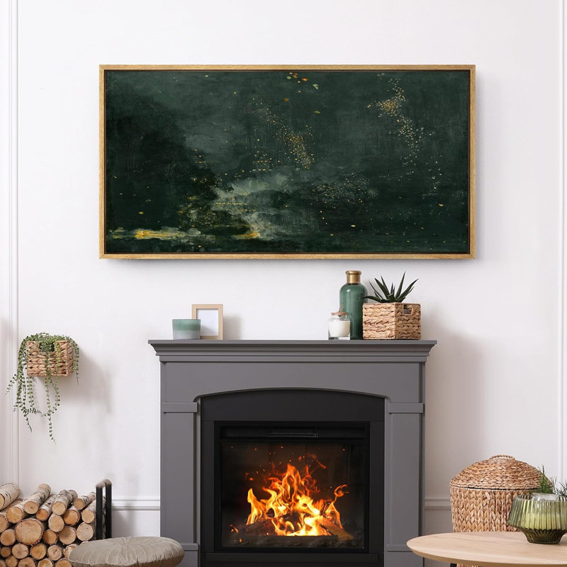 «Minimal Landscape Abstract Dark Green and Gold Flecks Modern Luxury», reproduction d'art sur toile, H 30 po x l 60 po