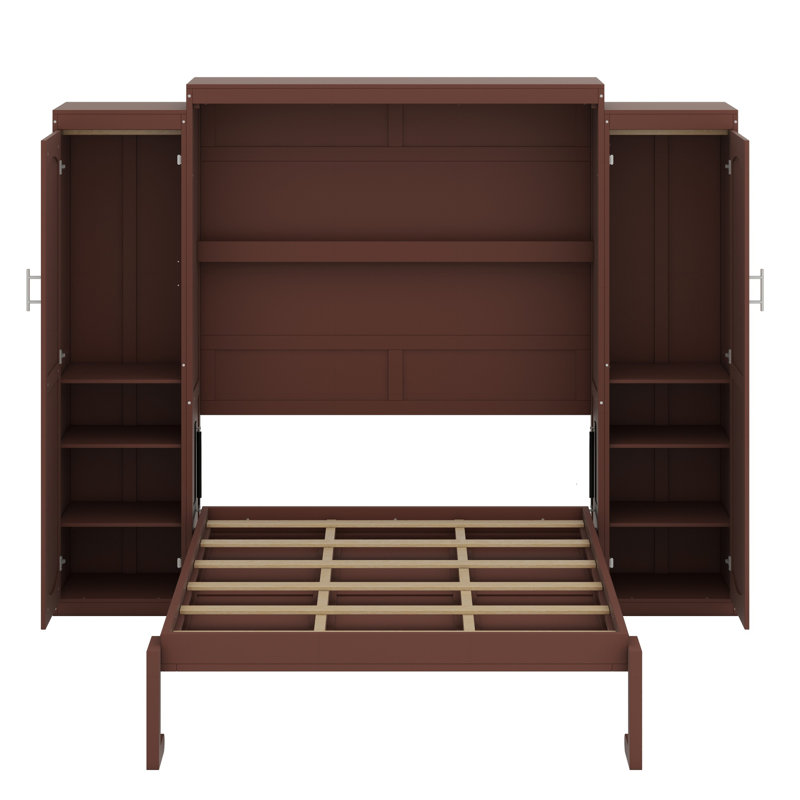 Lit plateforme pliable en bois avec garde-robe et tablette de rangement, Noyer, Grand