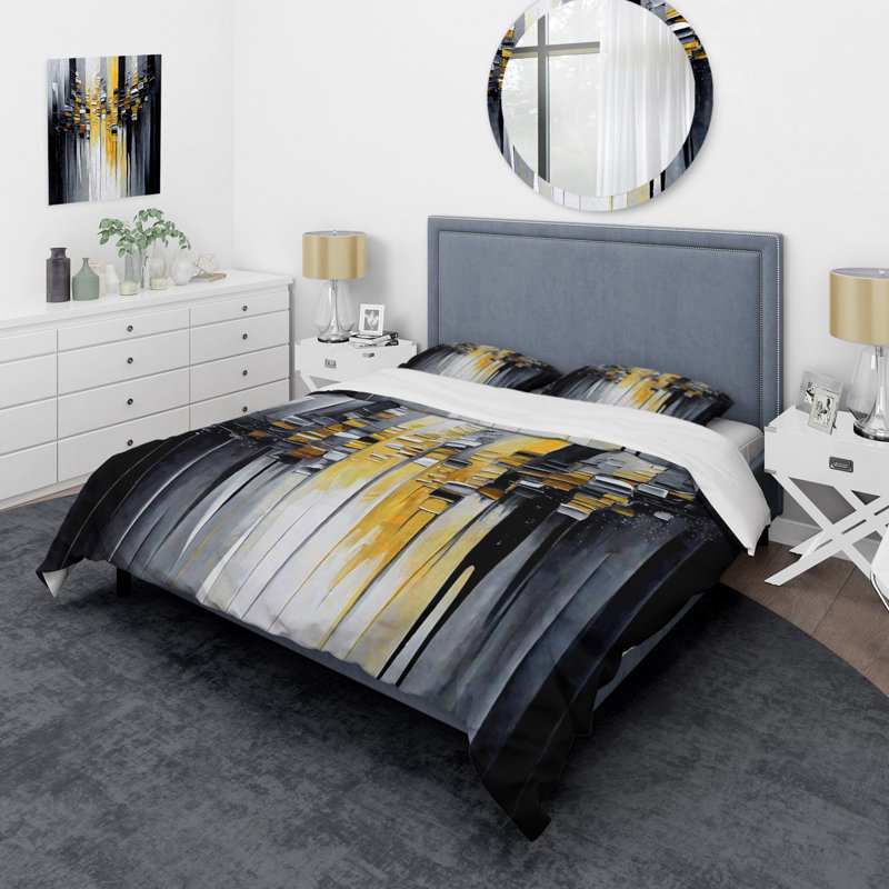 Ensemble de housse de couette en microfibre / polyester à motif géométrique abstrait noir et jaune III